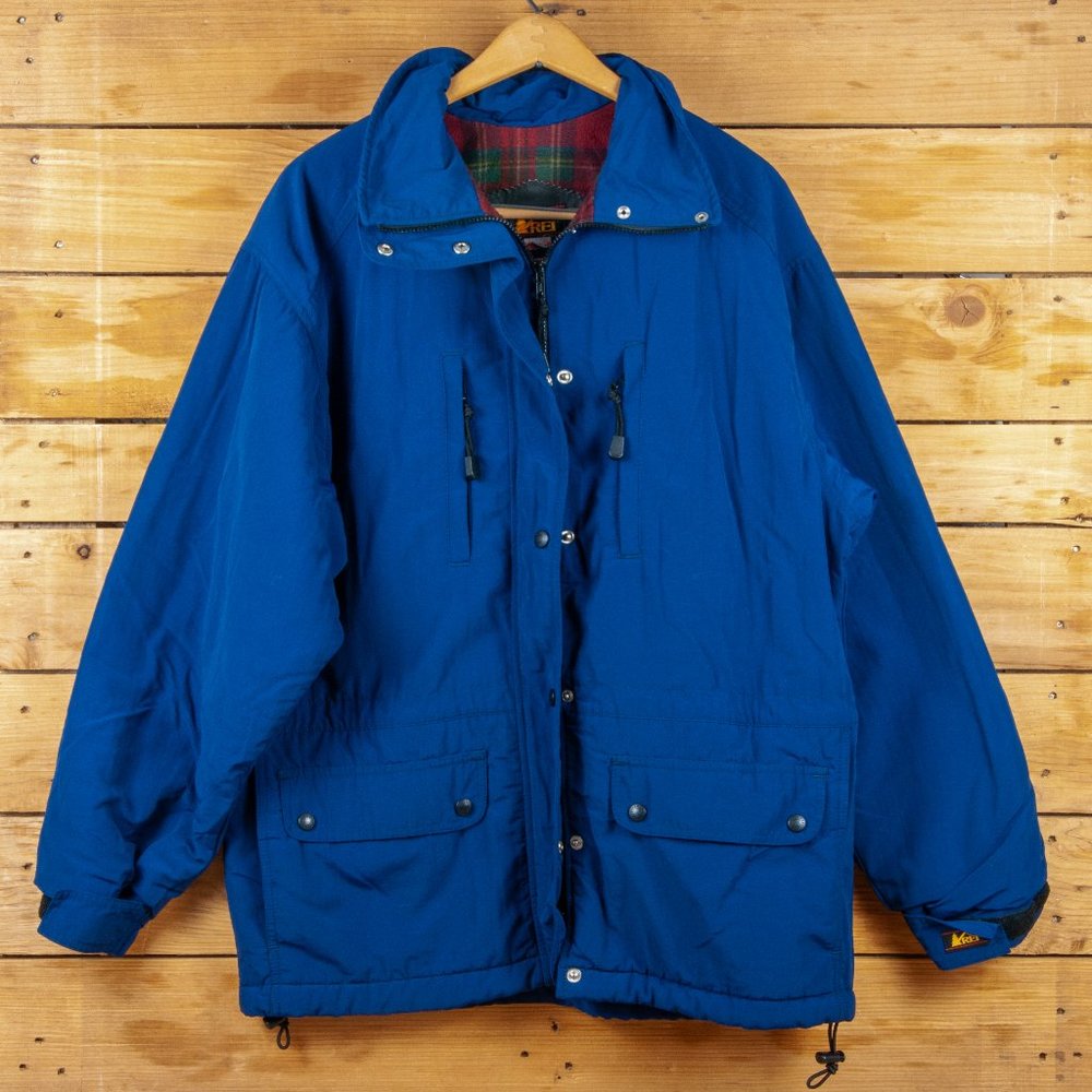 Vintage 90s REI Blue Shell Plaid Fleece Lined Jacket- Made in USA